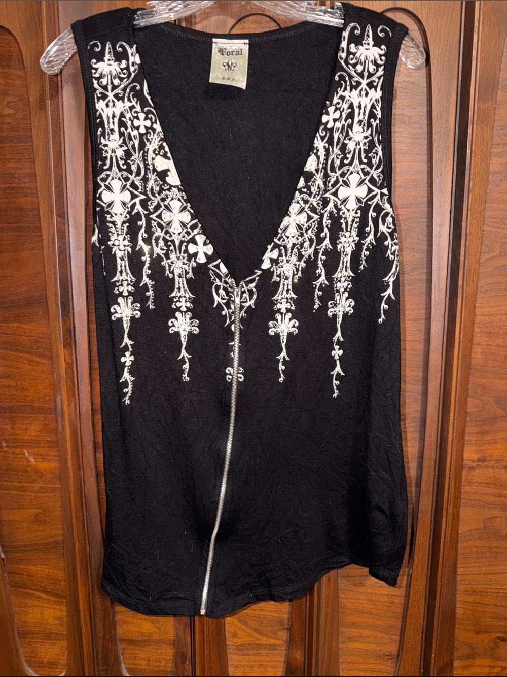 Vocal Black Tank with White Ornate Embroidery and Front Zip